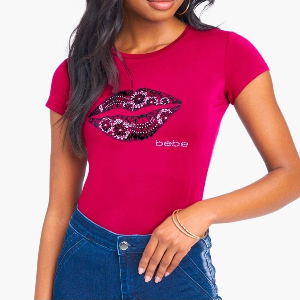 Bebe Fuchsia Sequin Lip Bodysuit